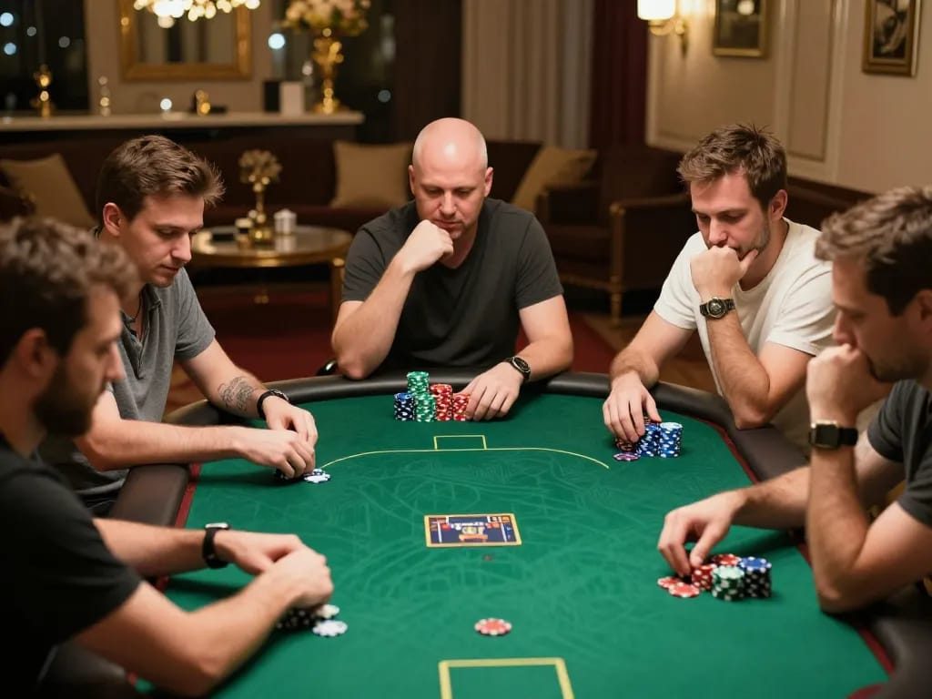 f8betz players calculating their strategy during a high-stakes poker game night