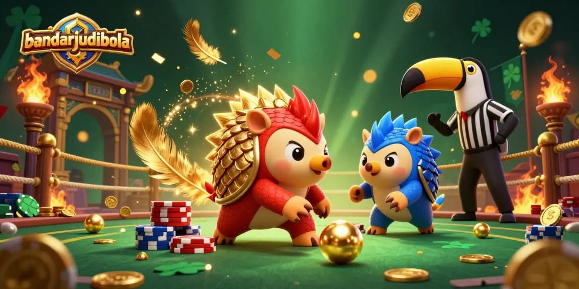 Experience the excitement of bandarjudibola as rival pangolins roll golden balls amidst poker chips in a vibrant scene.