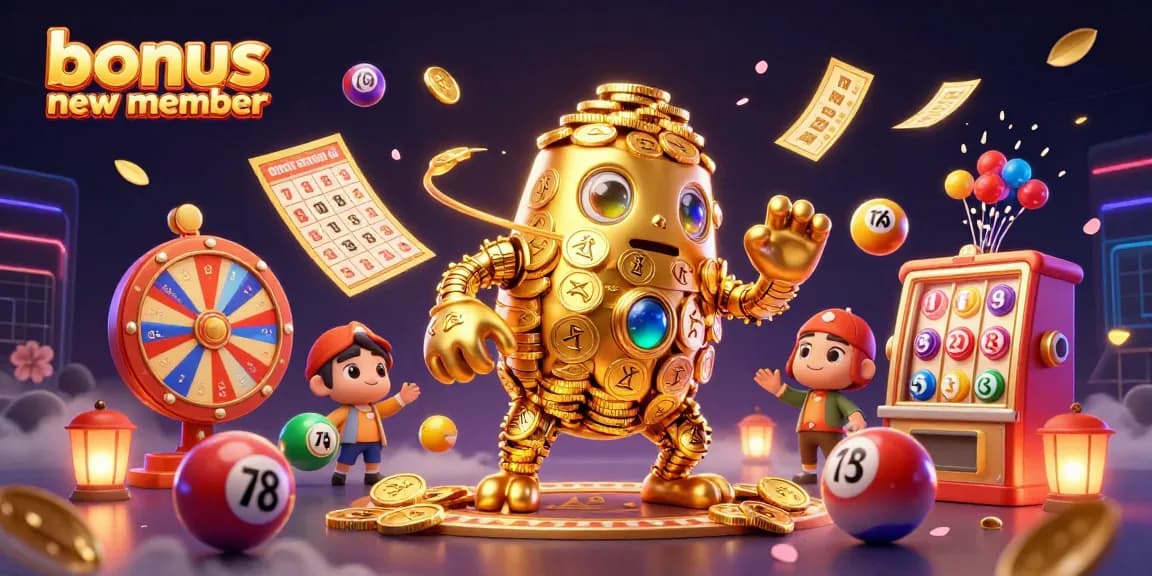 Experience the thrilling bonus new member excitement with our colorful 3D casino illustration of vibrant lottery elements.