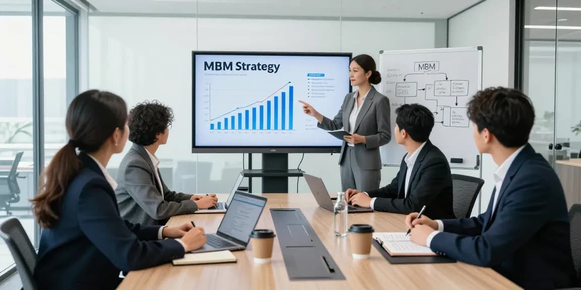 Team collaborating on MBM strategies in a bright corporate conference room.