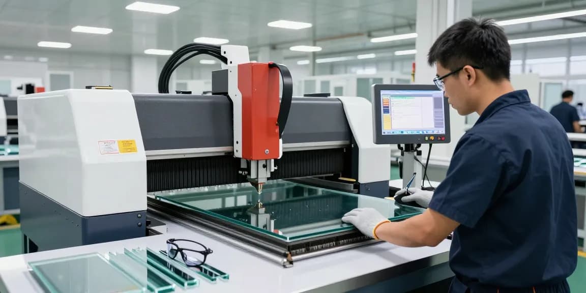 CNC glass cutting machine in operation by a skilled technician, ensuring precise cuts with advanced technology.