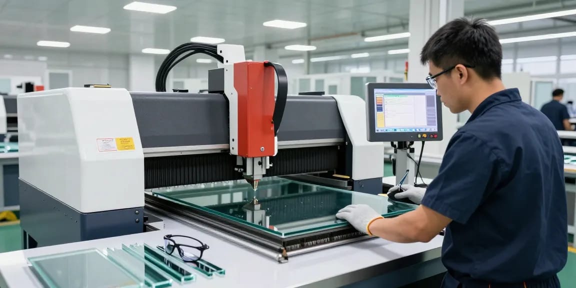 CNC glass cutting machine in operation by a skilled technician, ensuring precise cuts with advanced technology.