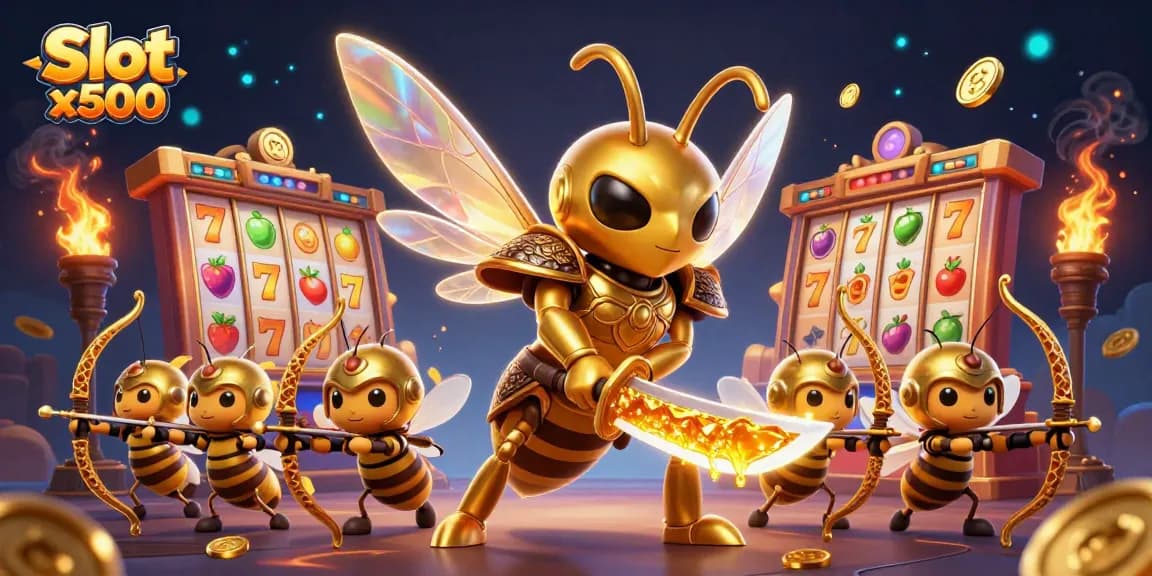 Experience the excitement of Slot x500 with vibrant characters, game reels, and glowing elements.