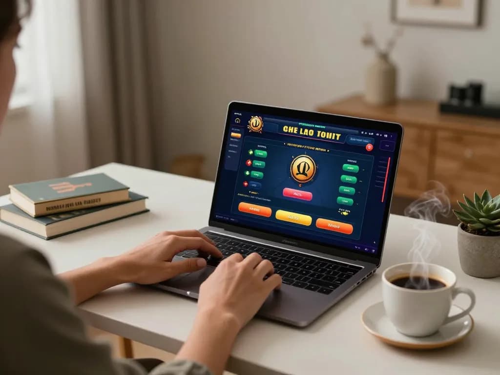 Engaging in strategic online gambling with bet bet interface on laptop in a cozy home setting.
