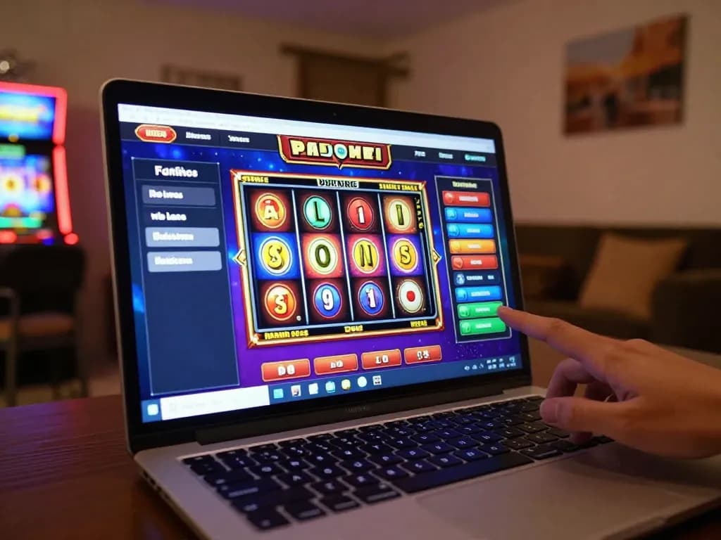 Engaging in slot pulsa gaming with a laptop in a cozy room, showcasing colorful slot machines.