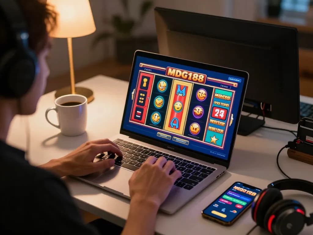 Engaged player enjoying a thrilling MDG188 slot game on a laptop in a cozy home setup