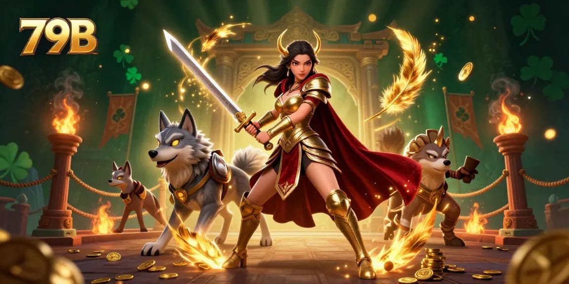 Engage in winning adventures with 79B, featuring a warrior queen and her glowing wolf companion.