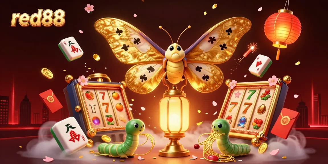 Engage with red88's vibrant casino world featuring golden slot symbols, captivating characters, and festive elements.