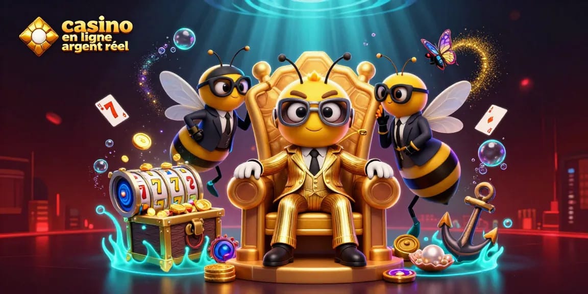 Illustration captivante de casino en ligne argent réel avec un boss abeille, recréant une atmosphère de jeu palpitante.
