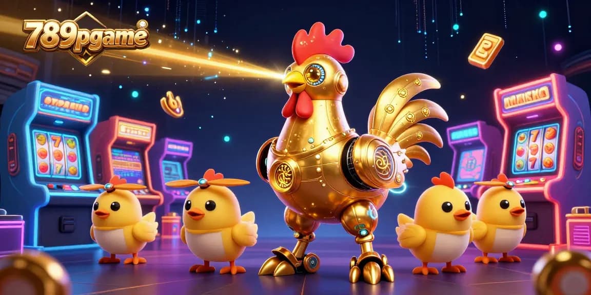 Experience the thrilling action of 789pgame in a vibrant casino scene with laser-shooting characters and arcade games.