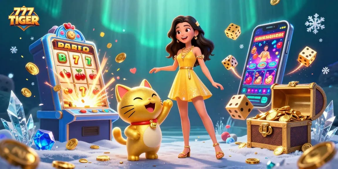 Engage with 777TIGER in an exciting 3D casino world filled with golden coins and vibrant game elements.