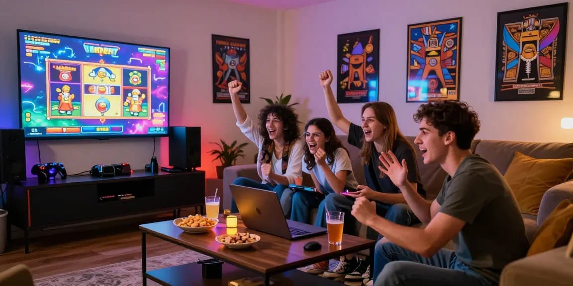 Exciting group playing slot depo 5k game together on laptop in cozy gaming setup