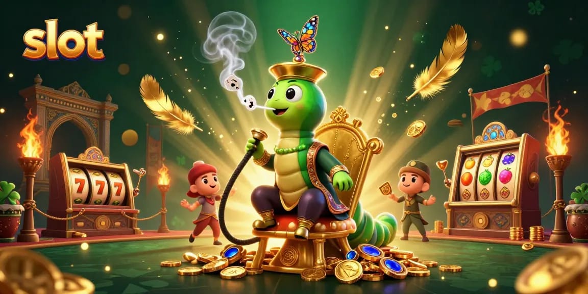 Spin to win with vibrant slot elements and a whimsical caterpillar master illustration.