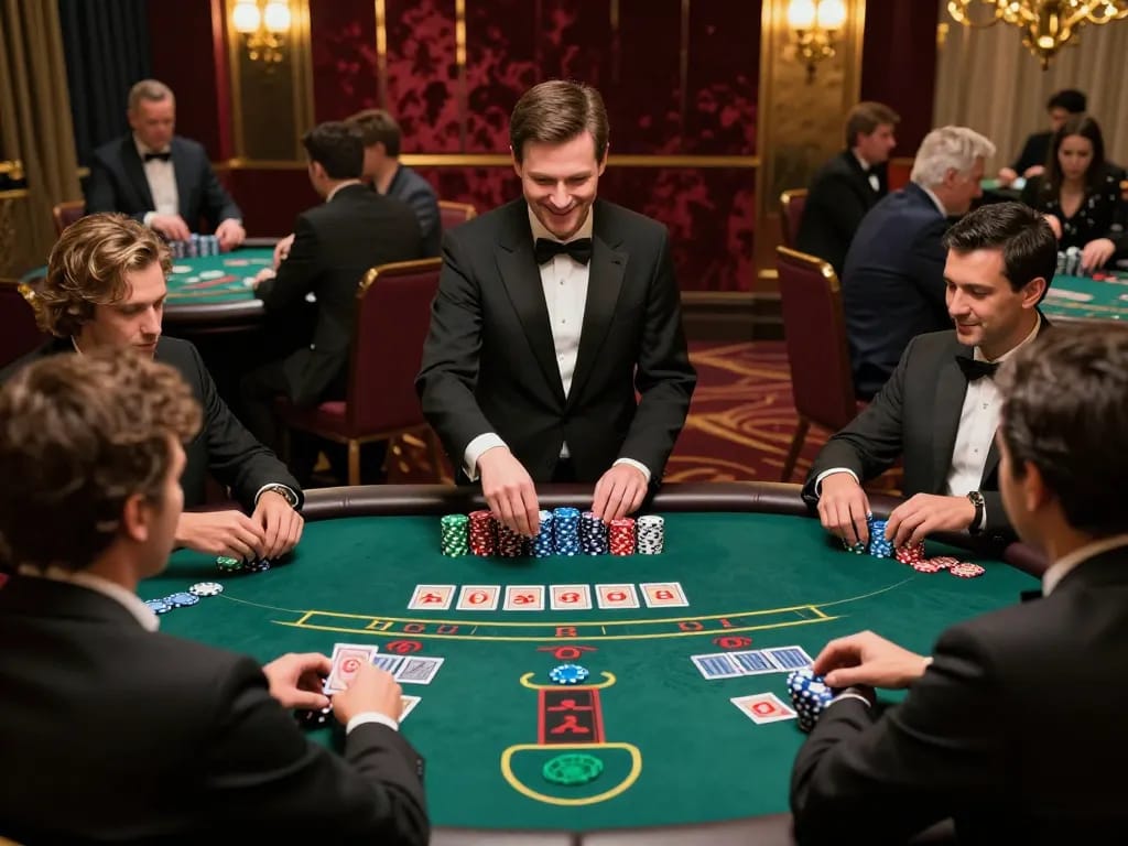 kim99 players strategizing in an elite blackjack game at a luxurious casino table