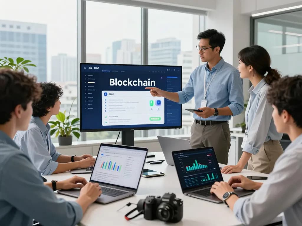 Team discussing the IODeFi platform in a modern office setting, highlighting blockchain technology and decentralized finance solutions.