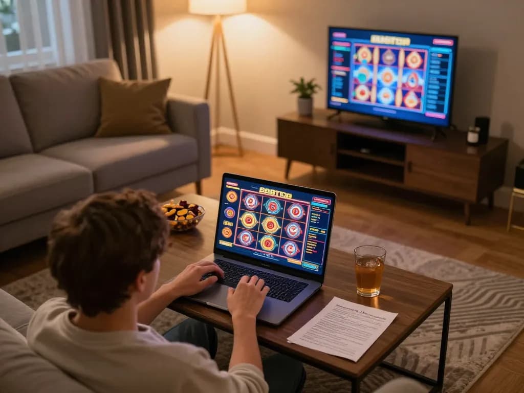 An individual engaging with 888top's online casino games on a laptop in a cozy setting while managing their bankroll.