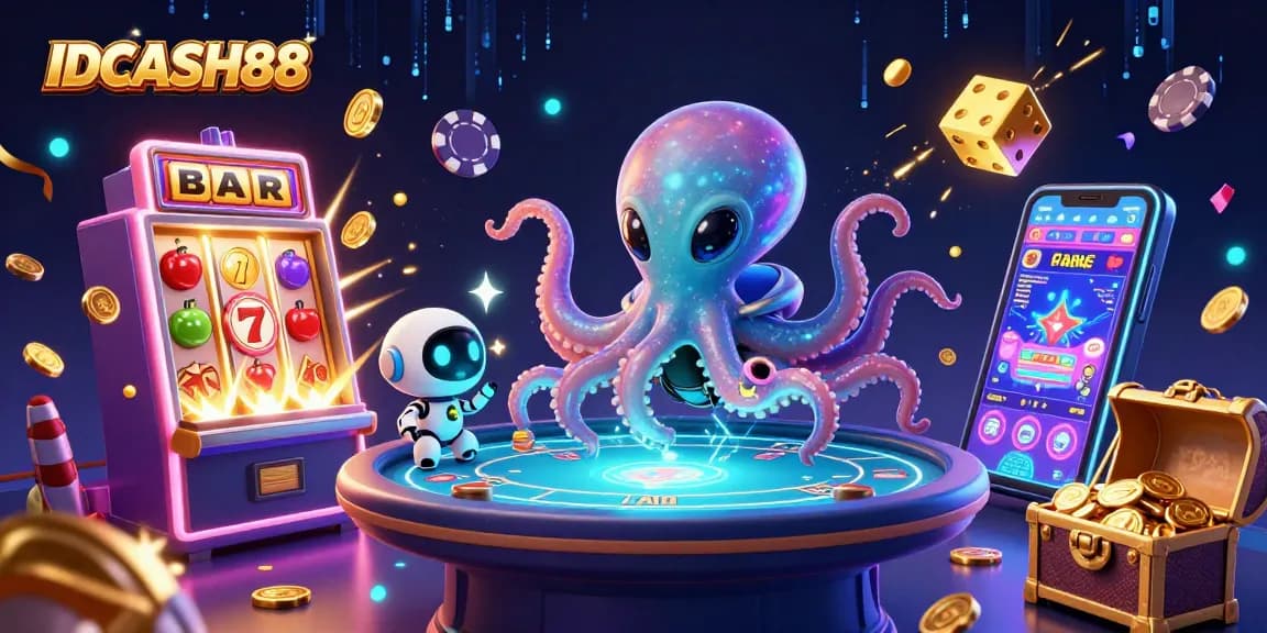 Experience thrilling gameplay at IDCASH88 with an alien octopus operating a holographic poker table amidst rich casino elements.