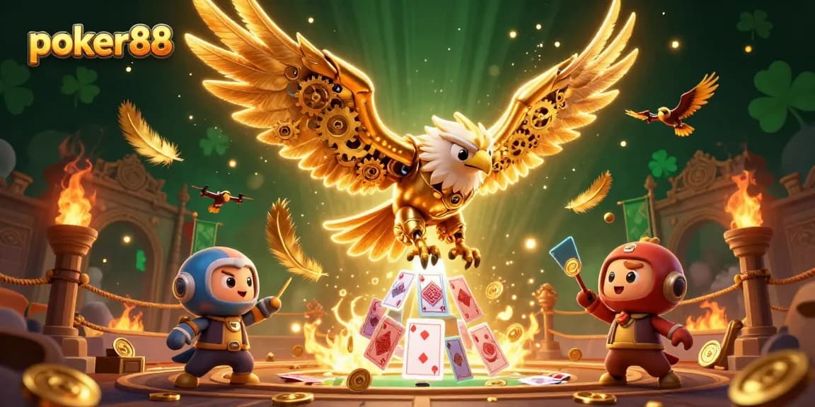 Experience poker88's thrilling dive into gaming strategy with our dynamic 3D illustration of a cybernetic eagle amidst beautiful playing cards.