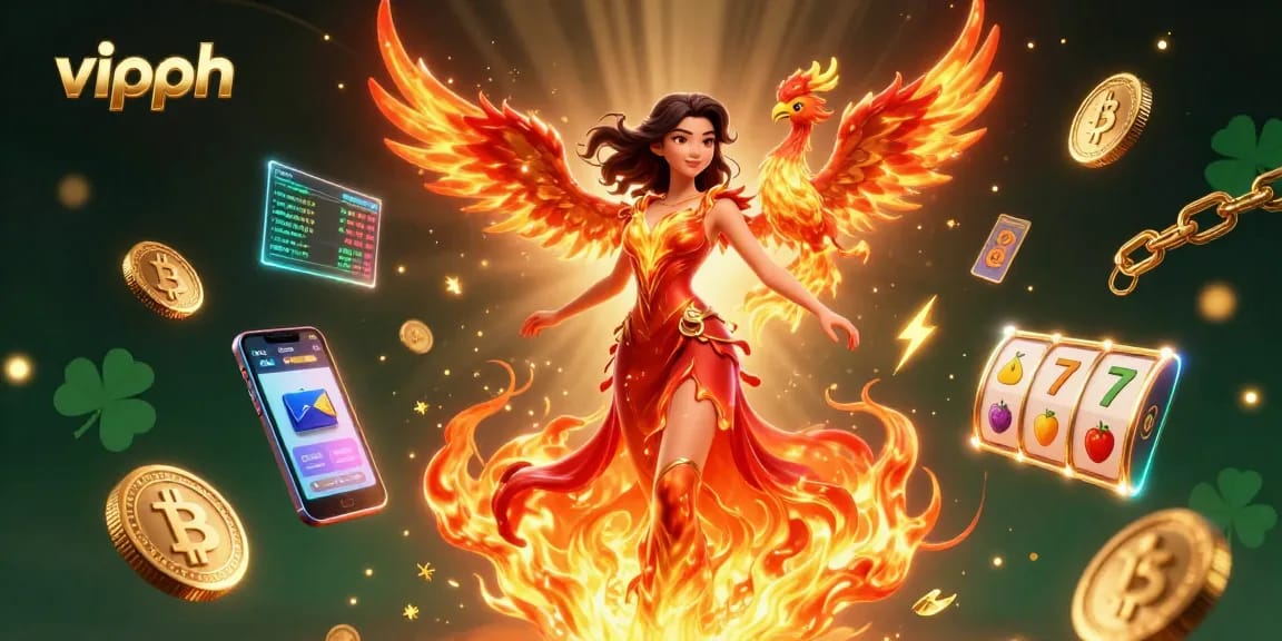 Experience thrilling gaming at vipph with a vibrant illustration of an Asian woman in a fiery gown alongside gaming elements.