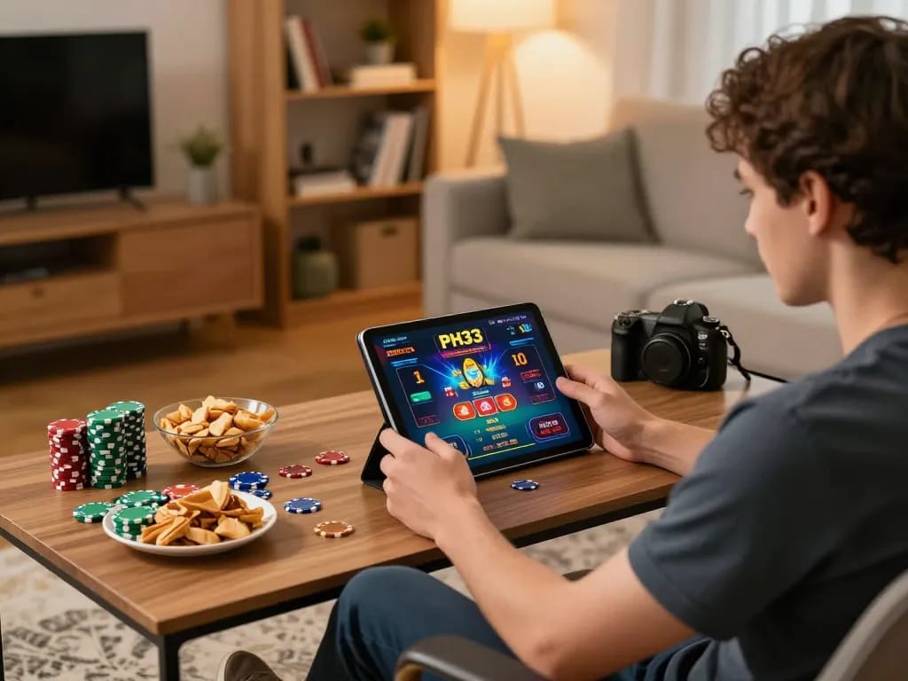Player engaging with the PH33 casino platform on a tablet in a cozy home office