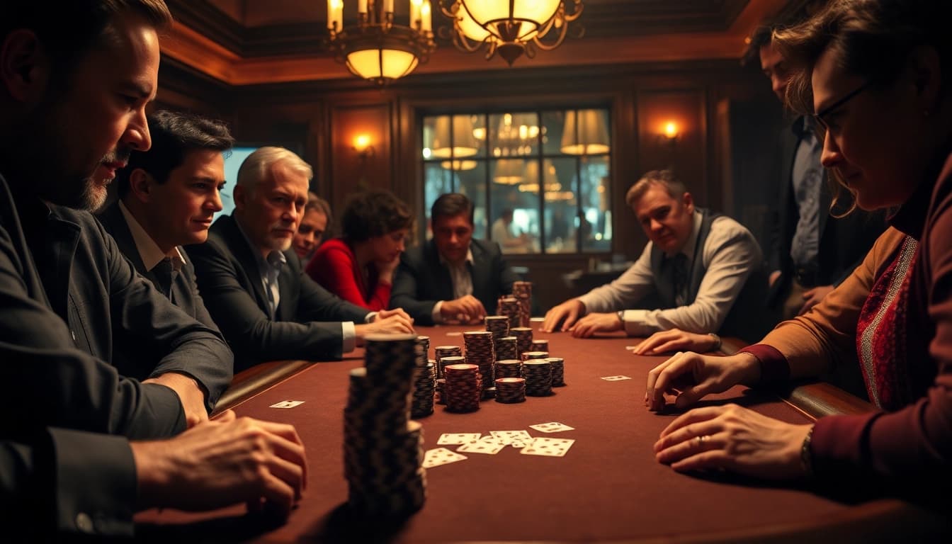 Barudak78 menunjukkan adegan permainan poker di kasino dengan pemain fokus dan suasana tegang.