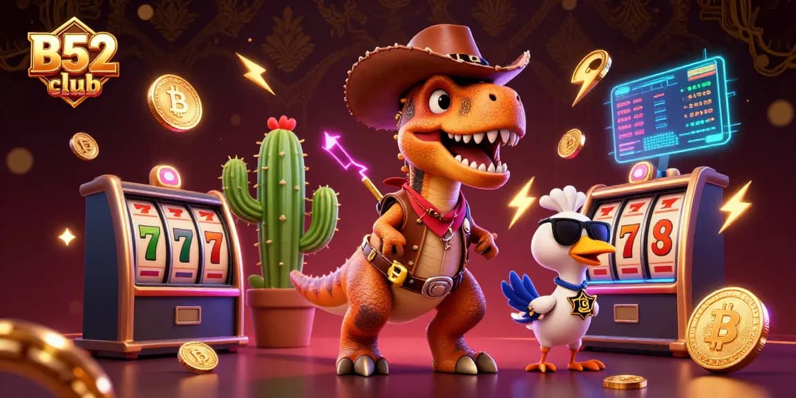 Experience thrilling games at B52 club with vibrant T-Rex, cactus, and roadrunner characters.