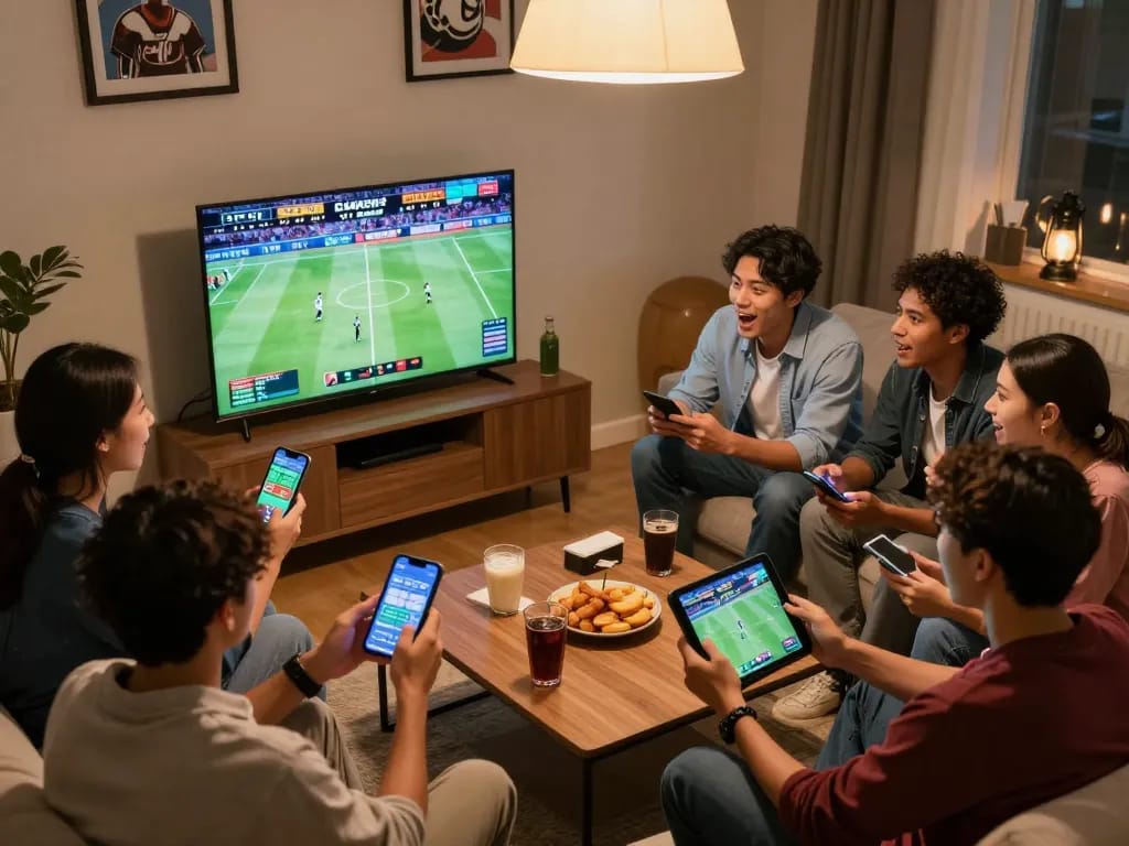 Bongdallu users engaging in live sports betting excitement with smartphones during a game.