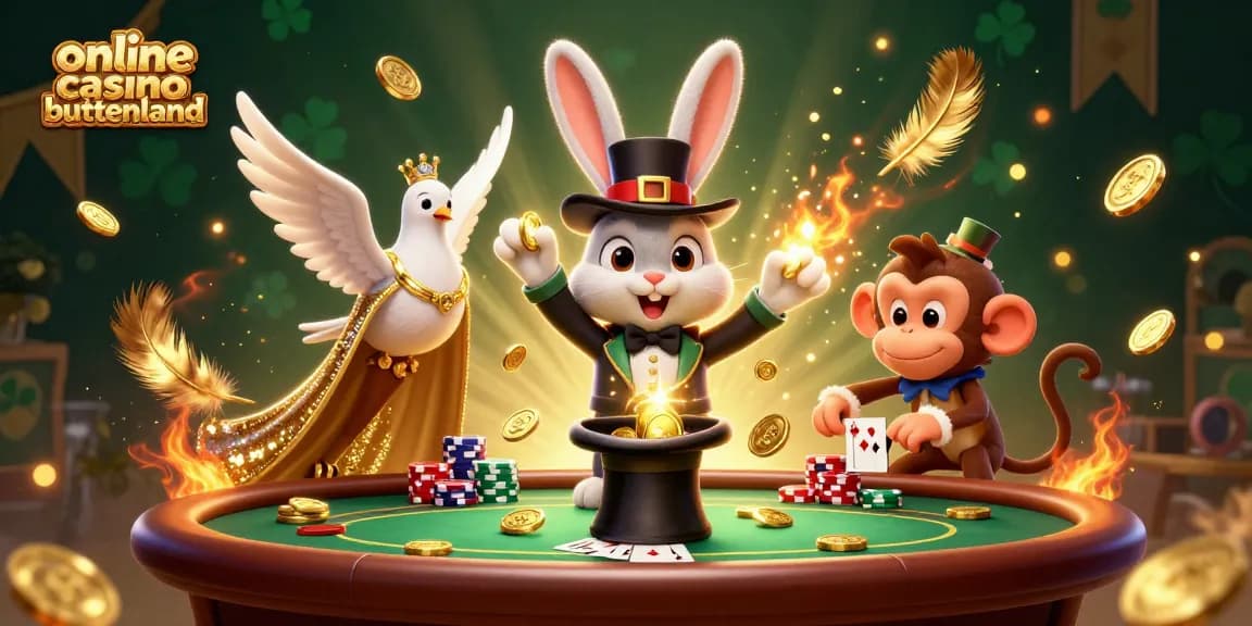 Experience the excitement of online casino buitenland with a magical scene featuring a magician rabbit, glamorous dove, and mischievous monkey.