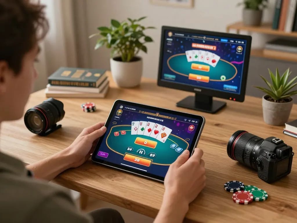 Engaging gaming session on win678 platform showcasing live poker gameplay on a tablet in a cozy home setting.