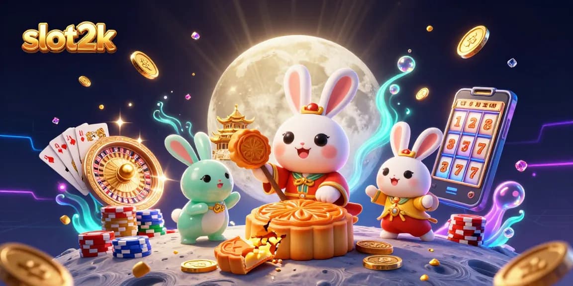 Spin the reels on slot2k, where a moon rabbit breaks golden mooncakes revealing poker chips amidst vibrant casino elements.