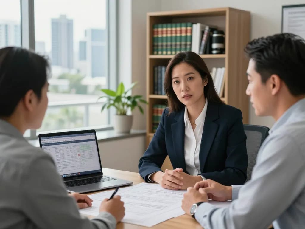 Boca Raton Construction Litigation Lawyer consulting with contractor over blueprints and legal documents in a modern office.