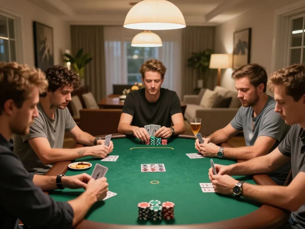 Players engaging in high-stakes poker night, featuring lc88-themed strategies and vibrant chips