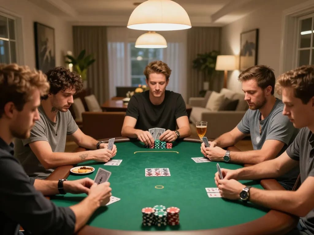 Players engaging in high-stakes poker night, featuring lc88-themed strategies and vibrant chips