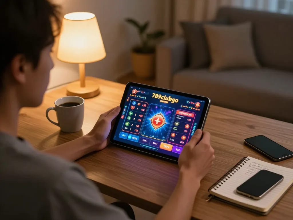 Engaged player enjoying 789clubgo casino games on tablet in a cozy home setting.