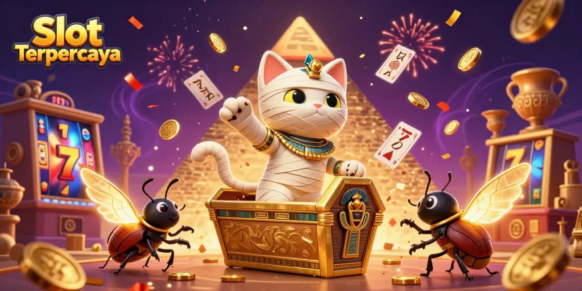 Engage with the vibrant world of Slot Terpercaya where a mummy cat and scarab beetle animate slot reels and jackpots.