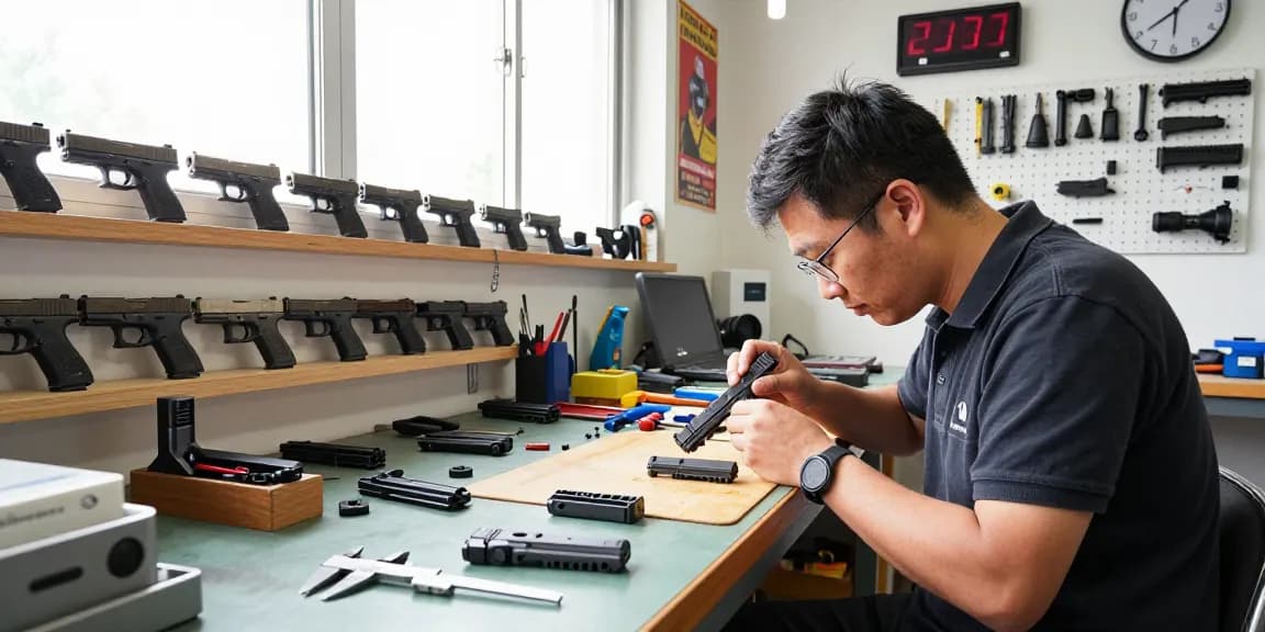 Precision gunsmith working on Glock slides at https://precisionglockslides.com, showcasing detail-oriented customization in a bright workshop.