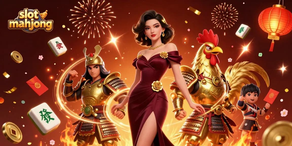 Play exciting slot mahjong with vibrant visuals, featuring glamorous characters and festive elements.