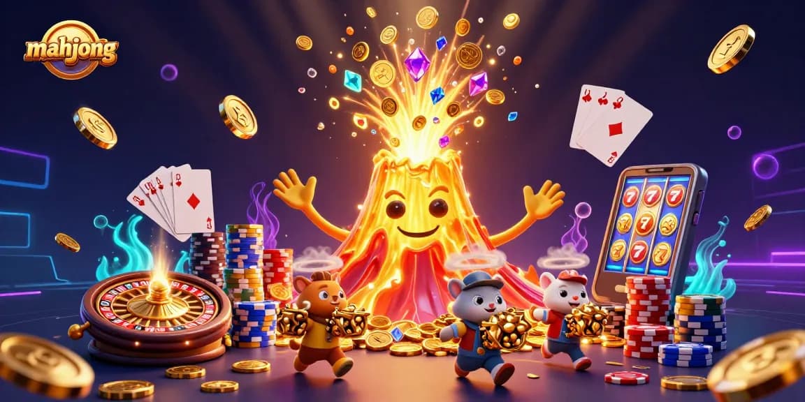 Play mahjong with vibrant 3D illustration showcasing a golden volcano erupting treasures amidst intense gaming elements.