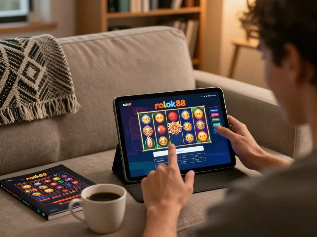 Enjoying the rokok88 slot login while strategizing on a cozy home setup with tablet and snacks
