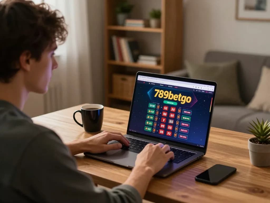 A player engaging with 789betgo online casino on a laptop in a cozy home environment.