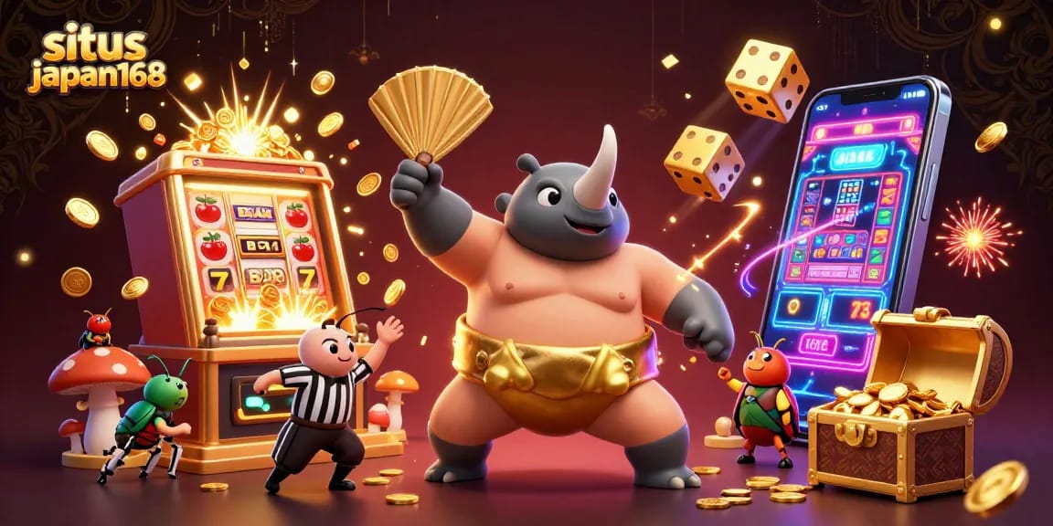 Experience the thrilling atmosphere of situs japan168 with a 3D beetle champion and vibrant casino elements.