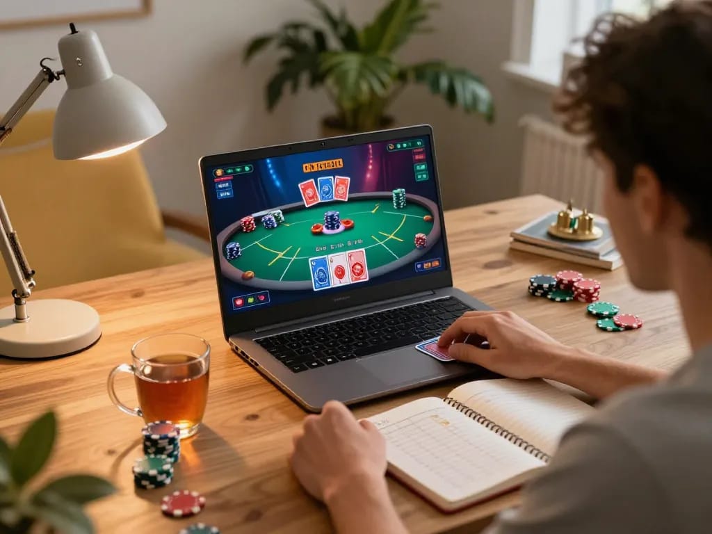 Engaged player using a gaming laptop at home reflecting website amigogrillandco online gambling session with strategic poker gameplay.