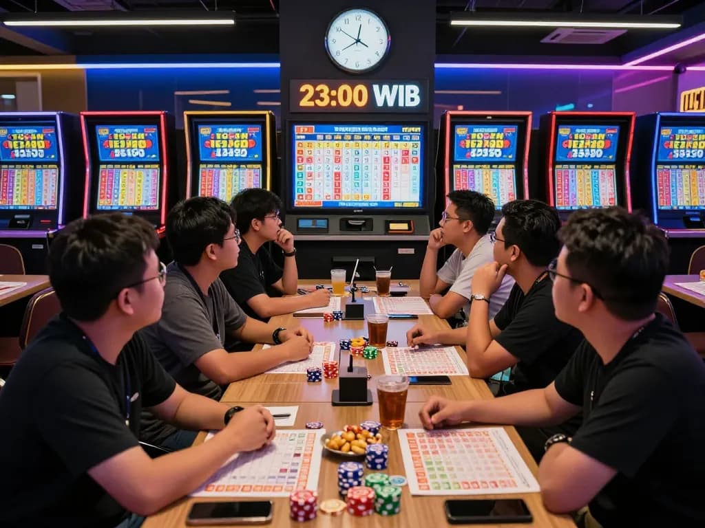 Excited players watching HK live draw in a vibrant gaming lounge at night.