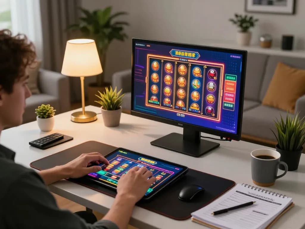 Excited player engages with DH88 casino slots on tablet in stylish home setup.