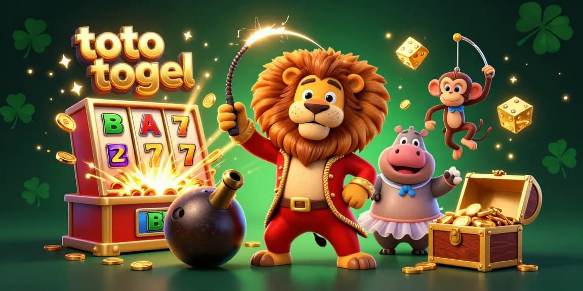 Experience thrilling toto togel action with vibrant slot machines, lucky symbols, and playful characters in a dynamic scene.