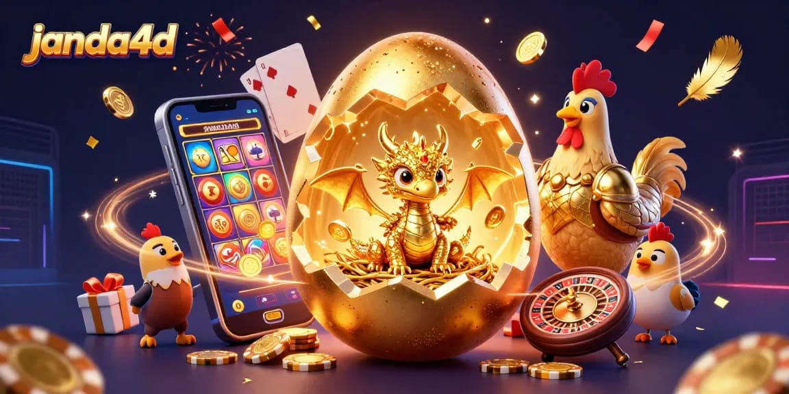 Permainan taruhan di janda4d dengan ilustrasi naga emas dari Telur Emas dan chip poker.