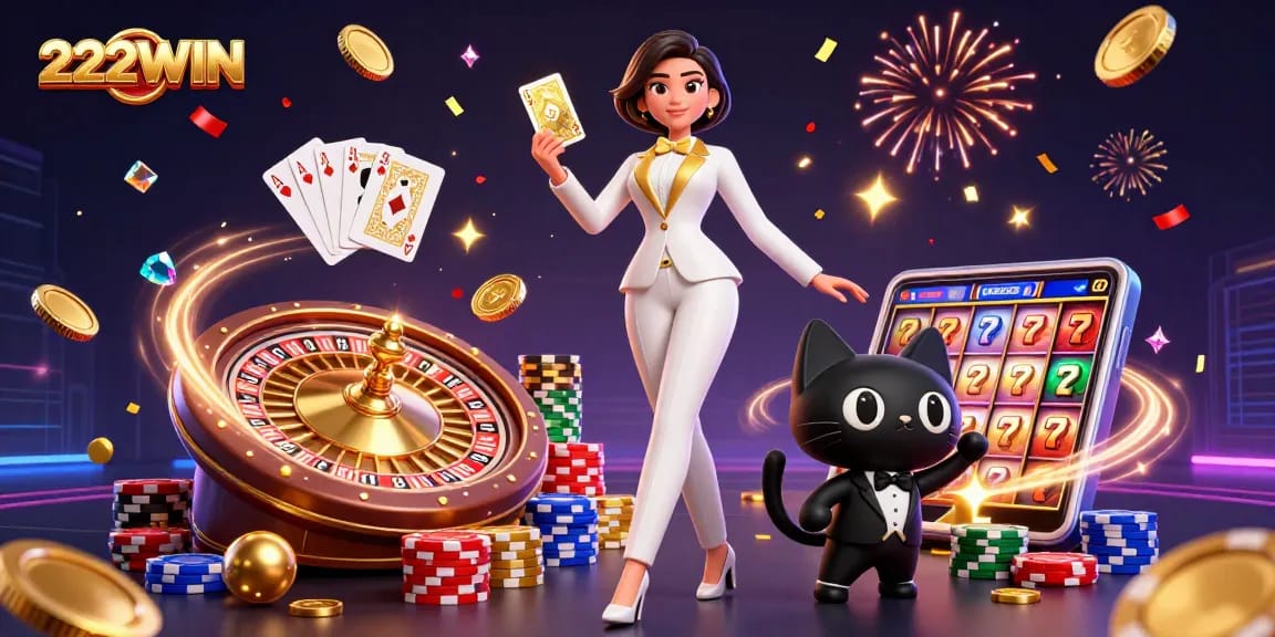 Experience the thrill of 222WIN with vibrant casino action in an engaging 3D scene.