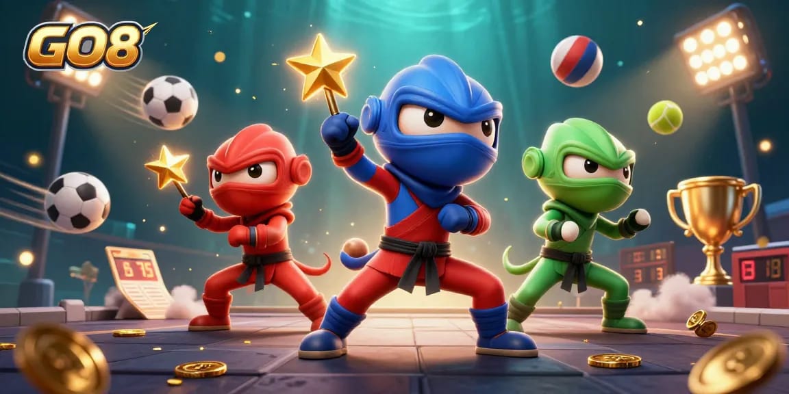 GO8 chameleons throwing golden stars and interacting with dynamic casino elements in vibrant colors.