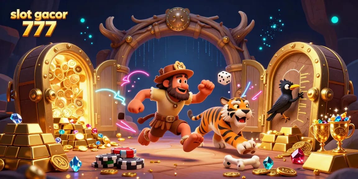 Experience thrilling gameplay with slot gacor 777 in a vibrant prehistoric casino filled with treasure elements.