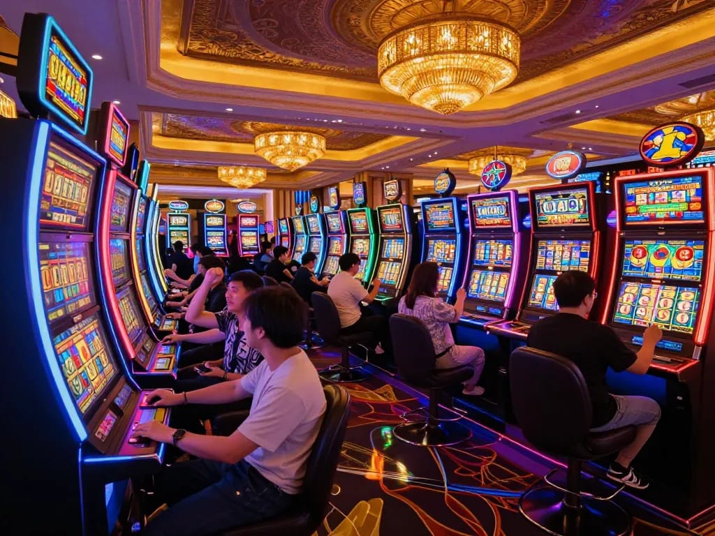 Engaged players celebrating wins at slot gacor machines in an upscale casino with vibrant lights.